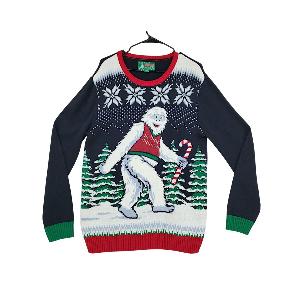 Ugly Christmas Sweater L Women Navy Blue Red Yeti Abominable Snowman Candy Cane